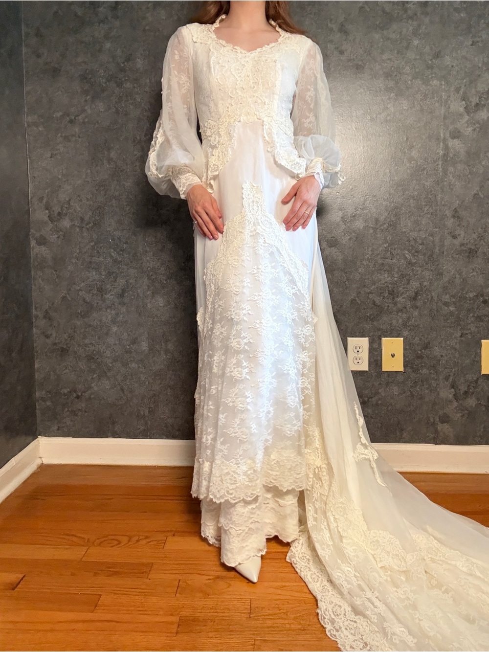 Vintage 1970s Boho Lace Wedding Gown — Bishop Sleeves, Bustled Train